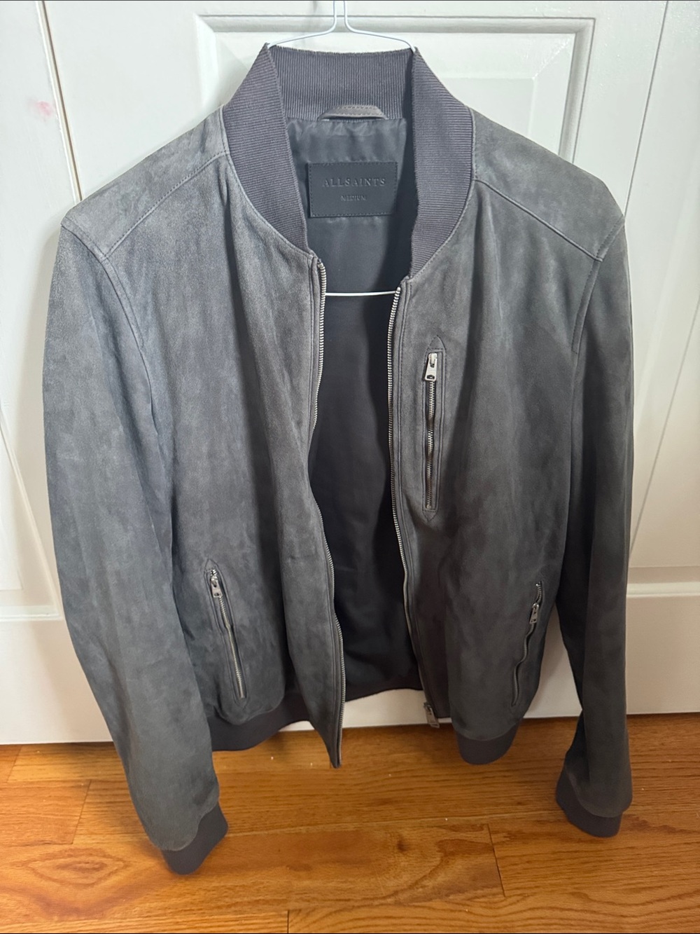 AllSaints Gray Suede Bomber Jacket with Zip Pockets